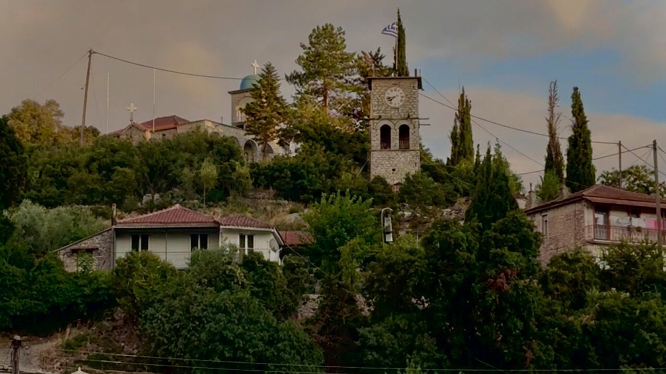Winter landscape in Thermo with stone buildings